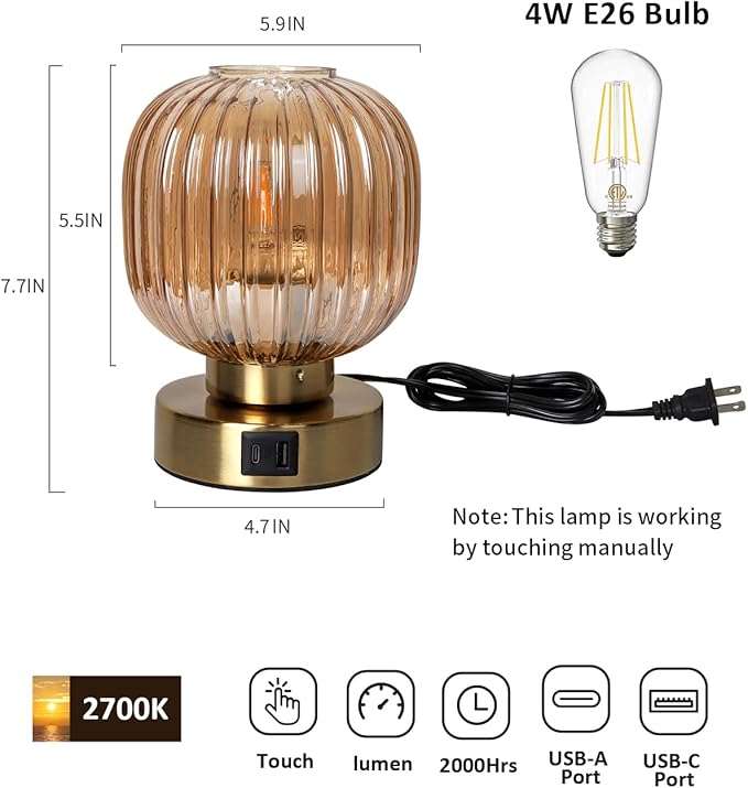 Elenhome Touch Small Table Lamp,Elegant Gold Glass Bedside Lamp 3 Way Dimmable with USB C+A Charging Ports - Bedroom Nightstand & Living Room Essential, 4W Bulb Included (Gold)