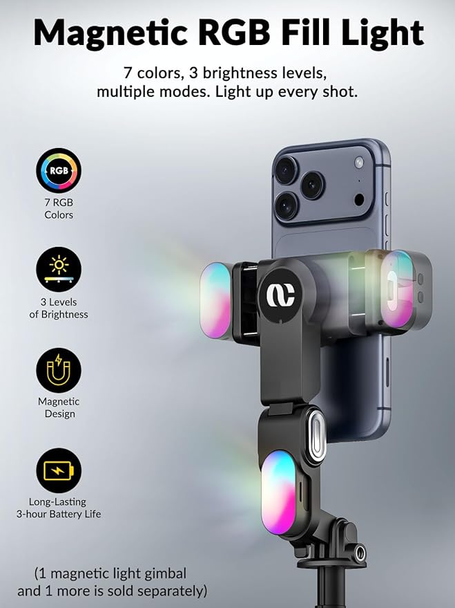 AOCHUAN 70.9” Auto-Open 4-in-1 Smartphone Gimbal Stabilizer for iPhone w/Magnetic Remote,AI Face Tracking Phone Stabilizer(No App Needed), 360°Rotating Gimbal w/RGB Light &Built-in Tripod, M3Pro Black