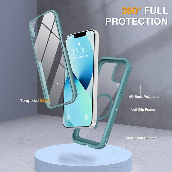 Miracase for iPhone 13 mini Case 5.4",Full-Body Protection,Clear Bumper Case with Built-in 9H Tempered Glass Screen Protector,Military-Grade Drop Protection Outdoor Phone Case for iPhone 13 mini,Teal