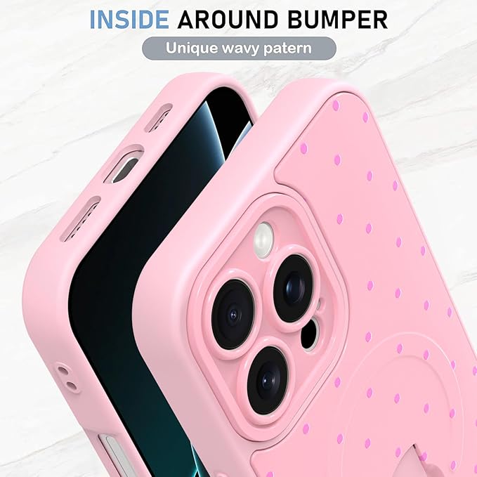 KANGHAR Compatible with iPhone 16 Pro Max Case, Support for MagSafe, Silicone Spot Cute Pattern, Wristband Kickstand Camera Protection Shockproof Soft Slim Cover for Girls Women, Pink
