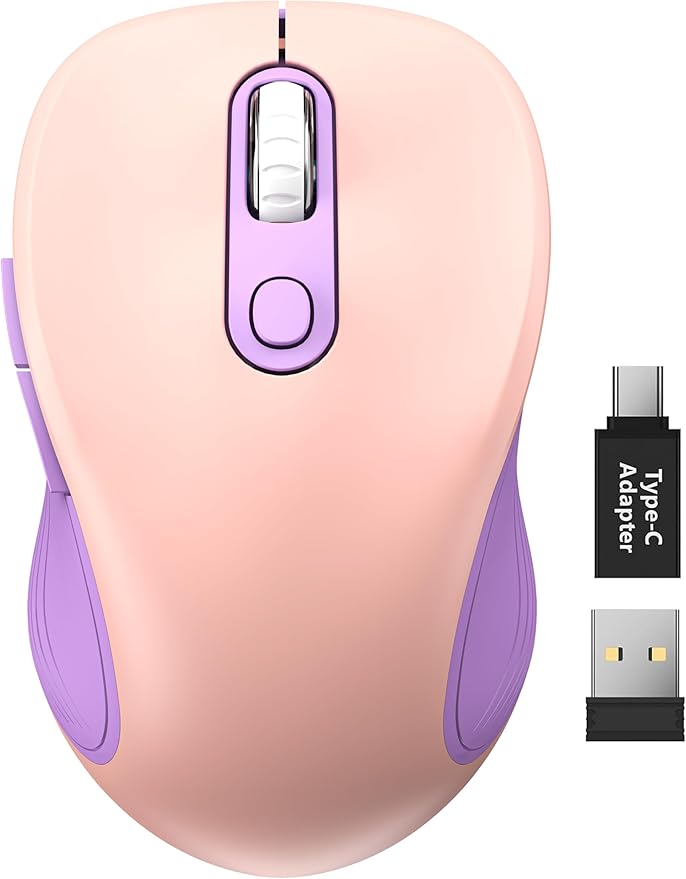 Trueque Wireless Mouse for Laptop, 2.4GHz Ergonomic Computer Mouse with Back & Forward Buttons, 3 Adjustable DPI Levels, 6 Buttons, Optical USB Cordless Mice for Windows PC, M01 (Pink Purple)
