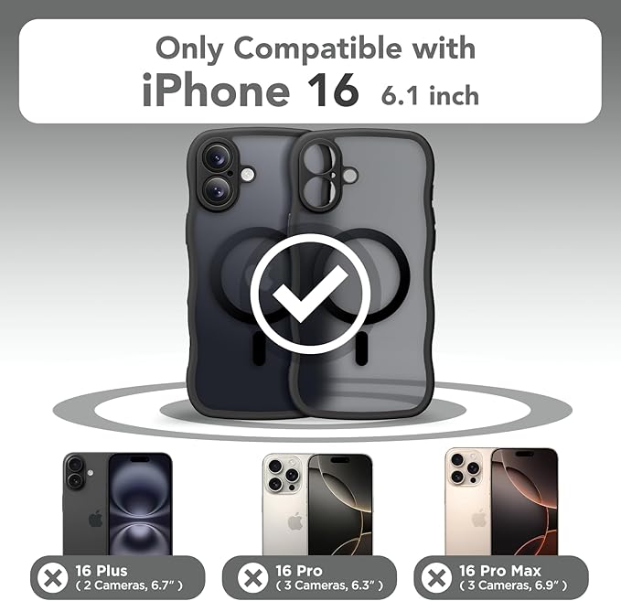 CAPRARO for iPhone 16 Case for Women Girls, Upgraded [Full Camera Protection] [Compatible with MagSafe] Cute Wave Translucent Matte Phone Case for iPhone 16, Black