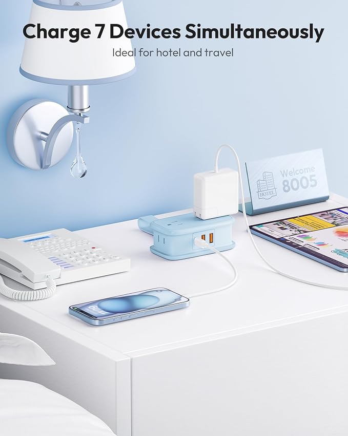 NTONPOWER Blue Travel Power Strip 20W, Travel Essentials 4 Outlets 3 USB(1 USB-C) with 4FT Wrapped Extension Cord Flat Plug, Vacation Essentials for Hotel Travel Camping Cruise Essentials 2026