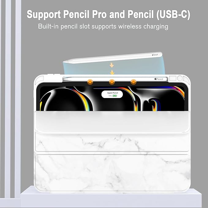 ZryXal iPad Pro 11 Inch Case (M5) 2025/ (M4) 2024 (Model: A2836/A2837/A3006), Trifold Stand Smart Cover with Pencil Holder and Soft TPU Back, Auto Wake/Sleep (Marble White)