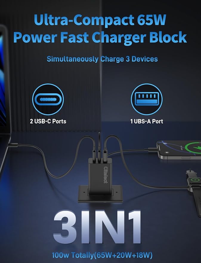 2Pack 65W USB C Charger Block, 3Port Fast Charging Adapter, Type C Fast Charging Blocks Cube PD USBC Wall Plug+QC3.0 USB A Charger Brick for MacBook Pro/Air,iPad,iPhone 17/16,SamsungS26/S25&More-Black