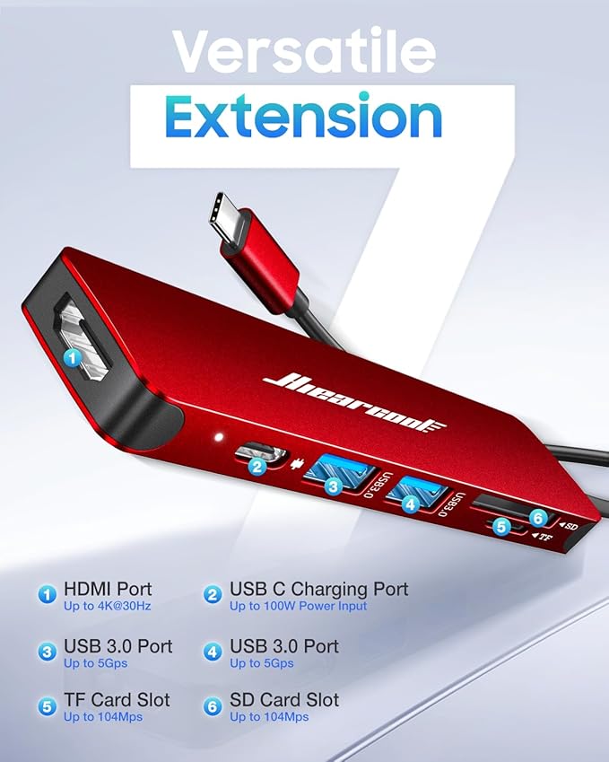Hiearcool USB C Hub, USB-C to HDMI Multi-Port Adapter for MacBook Pro/Air, 7-in-1 USBC Dongle with 4K HDMI 100W Power Delivery SD/TF Card Reader Type-C Dock for Dell HP Lenovo Laptops-Dark Red