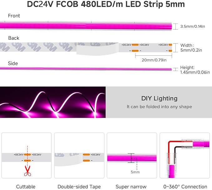 BTF-LIGHTING FCOB COB LED Strip Purple Color 5mm Width UL Listed Super Narrow Flexible Uniform Light DC24V 16.4FT CRI 90+ Dimmable LED Ribbon for Bedroom Home Indoor Decor(No Adapter or Controller)