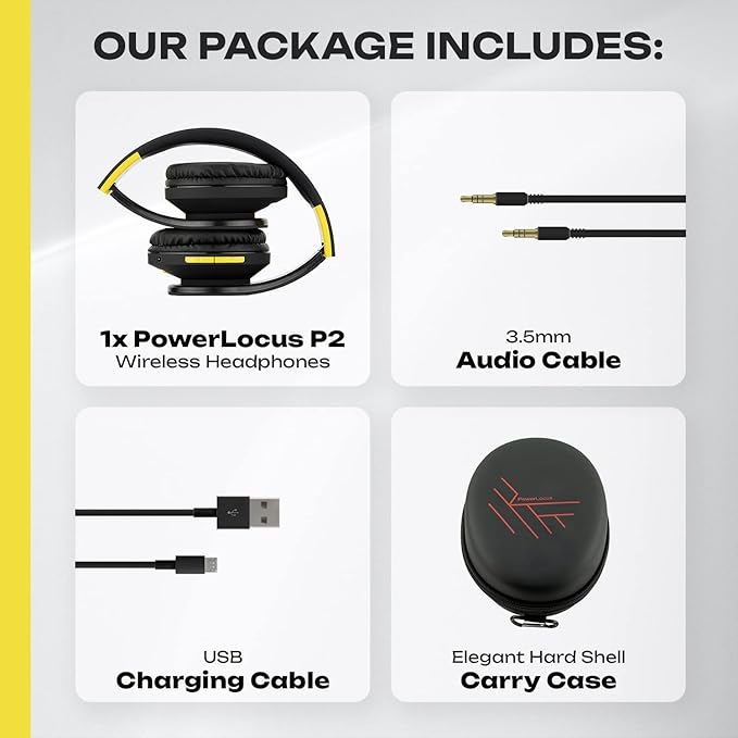 PowerLocus Bluetooth Over-Ear Headphones, Wireless Stereo Foldable Headphones Wireless and Wired Headsets with Built-in Mic, Micro SD/TF, FM for iPhone/Samsung/iPad/PC (Black/Yellow)