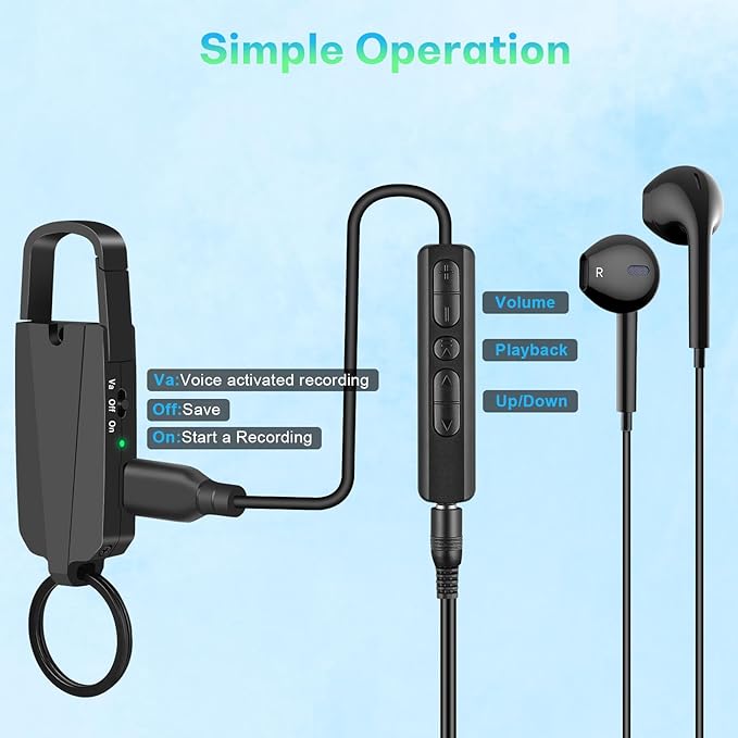 64GB Digital Voice Recorder with Playback - Keychain Voice Activated Recorders Audio Recording Device - 760 Hours Capacity for Lectures Meetings Music