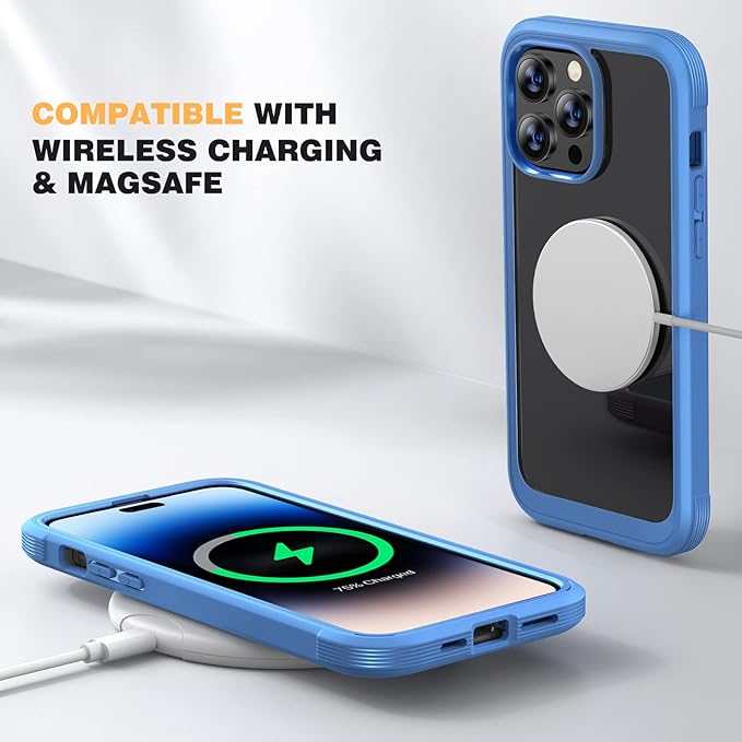 Diaclara Designed for iPhone 14 Pro Case 6.1’’, Full Body Rugged Protective Case+ Camera Lens Protector w/Built-in Touch Sensitive Anti-Scratch Screen Protector, Bumper (Blue)