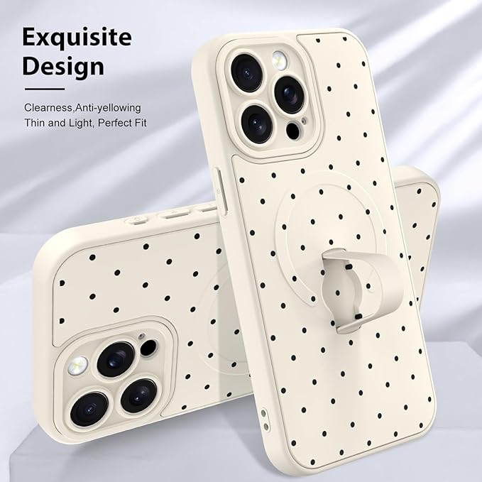 KANGHAR Compatible with iPhone 15 Pro Case, Support for MagSafe, Silicone Spot Cute Pattern, Wristband Kickstand Camera Protection Soft Slim Cover for Girls Women -White