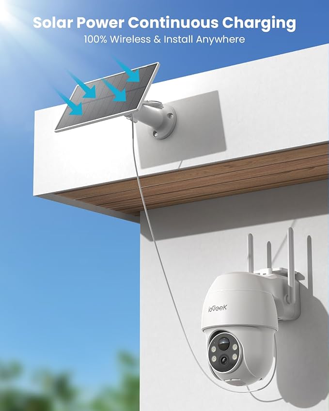 ieGeek Solar Security Cameras Wireless Outdoor, 2K 2.4G WiFi Camera with Solar Panel and Battery Powered, Color Night Vision with Spotlight, 360° PTZ, 2-Way Audio, PIR Motion Sensor, no Subscription