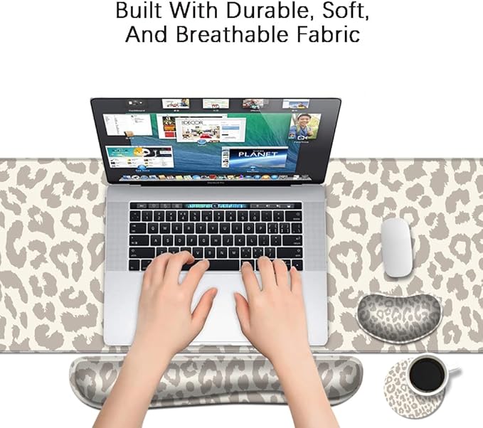 MIBITRI Keyboard Mouse Pad Set, Extended Gaming Mouse Pad+Ergonomics Keyboard Wrist Rest Support, Memory Foam, Easy Typing Pain Relief, 4Pcs XXL Ultra Thick Desk Mat, Leopard Print