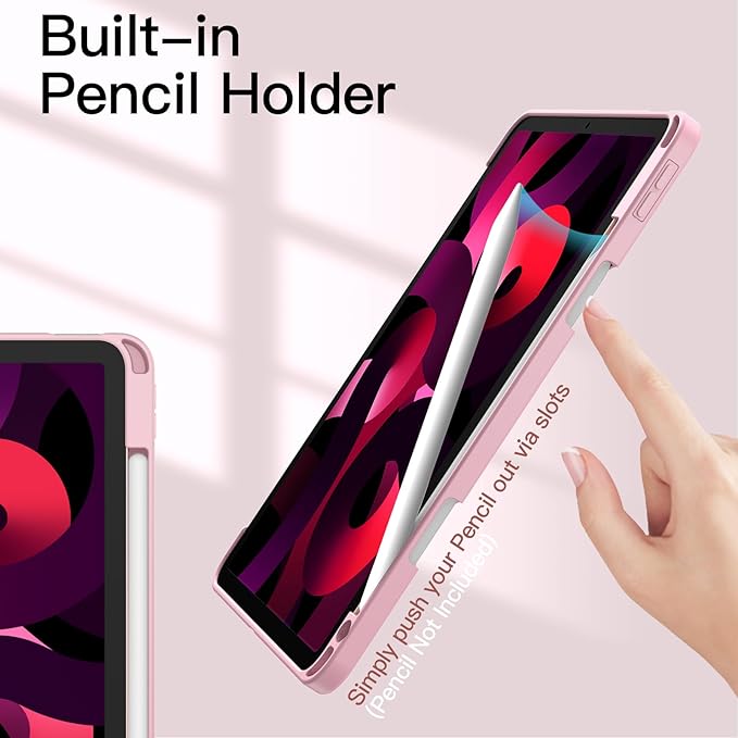 JETech Case ONLY for iPad Air 11-Inch M4/M3/M2 (2026/2025/2024), iPad Air 5/4 (2022/2020 5th/4th) with Pencil Holder, Clear Transparent Back Slim Stand Shockproof Tablet Cover (Pink)
