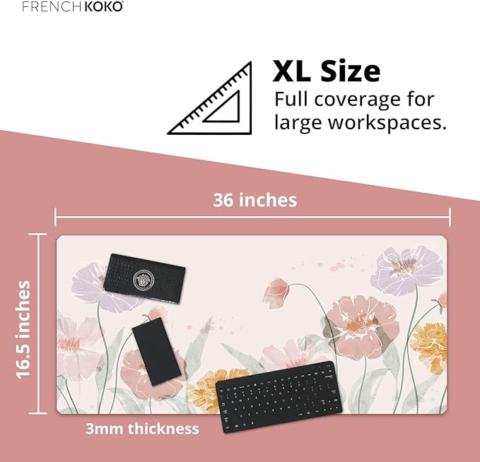 French KOKO Desk Mat, Large Desk Pad Large Mouse Pad Cute Big Desk Pad XXL Extended Gaming Mouse Pad for Desk Rubber Base Mousepad Mat for Work Game Girls (Soft Flowers, 36" x 16.5")