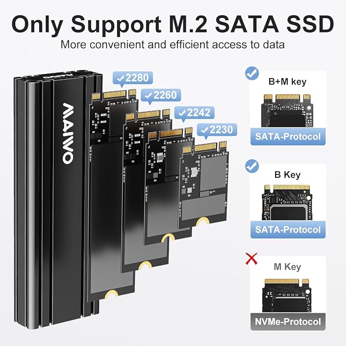 MAIWO M.2 SATA SSD Enclosure, USB3.2 Gen2X1 Type-C to SATA NGFF Based M.2 Solid State Drive Adapter Reader, Support B Key B+M Key, Aluminum (K1686S)
