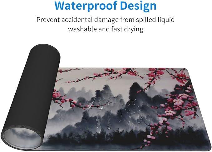 Japanese Sakura Watercolor Painting Extended Mouse Pad 31.5x11.8 Inch Cherry Blossom Flower Non-Slip Rubber Base Mousepad Stitched Edges Keyboard Mouse Mat with Stitched Edges for Gaming and Office