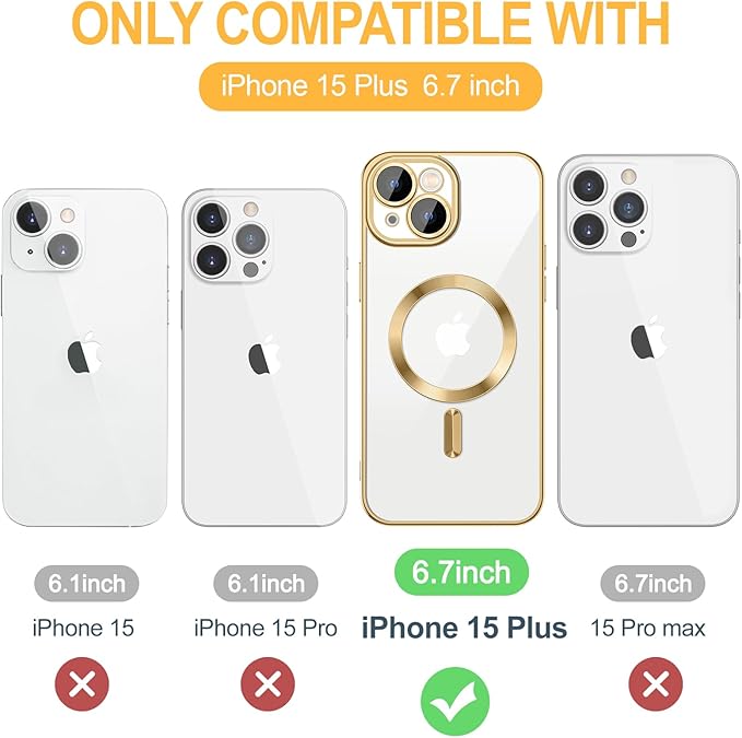 Hython Magnetic Clear for iPhone 15 Plus Case with Camera Lens Protector [Compatible with MagSafe] Luxury Plating Edge Slim Soft TPU Cover Protective Phone Case for iPhone 15 Plus 6.7", Gold