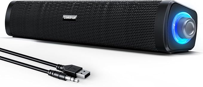 Uakinat USB Computer Speakers,Computer Speakers with 3.5 mm aux,Wired USB Powered & Colorful LED Lights with Switch Button,Surround Sound Portable SoundBar for Monitor Laptop Phone(Black)