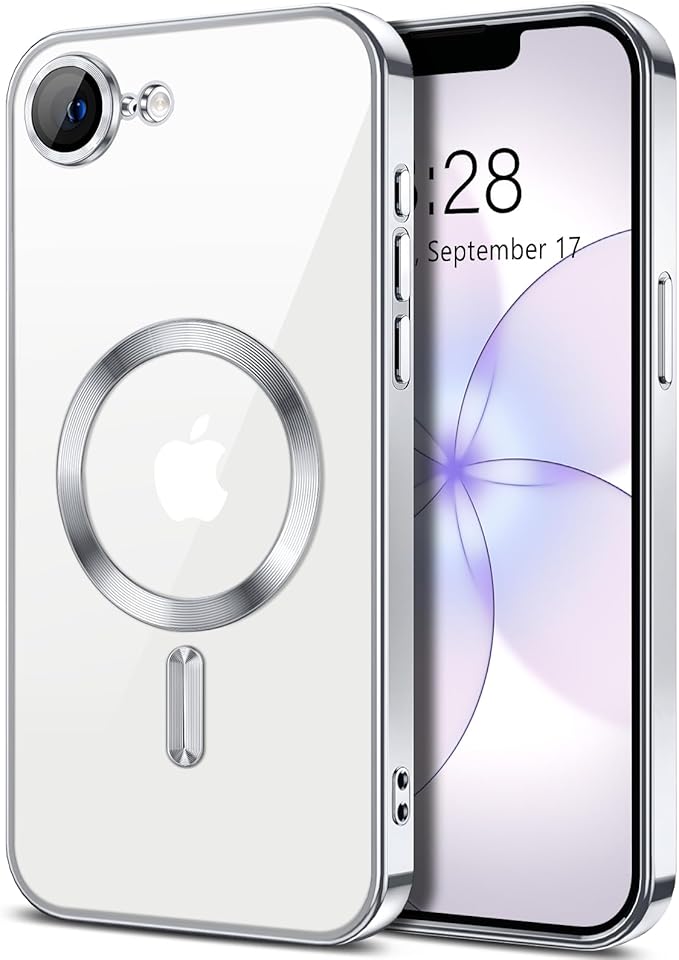 Hython Magnetic Clear for iPhone 17e Case with Camera Lens Protector [Compatible with MagSafe] Luxury Plating Edge Slim Soft TPU Cover Protective Phone Case for iPhone 17e 6.1", Silver