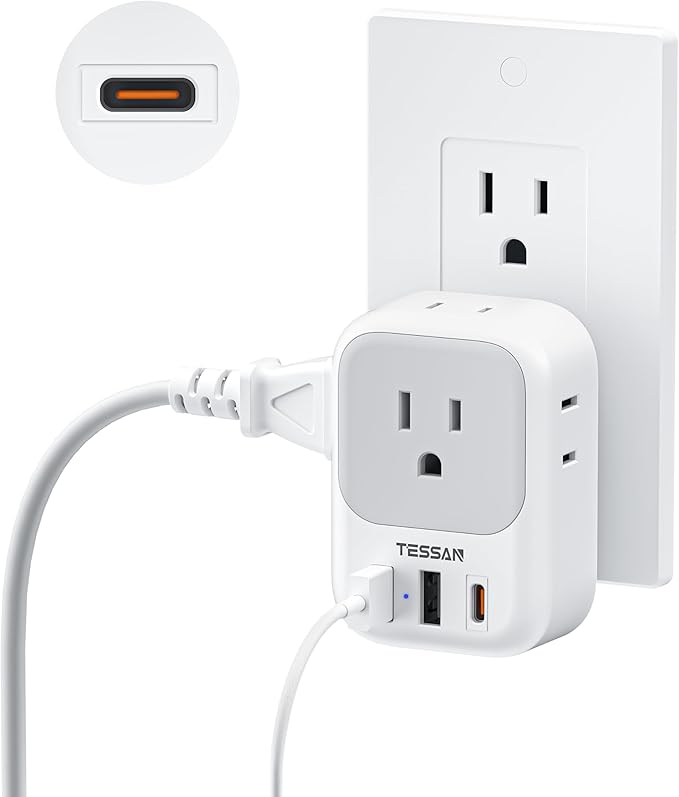 USB Wall Charger, Wall Plug Adapter Outlet Extender, TESSAN 3 Charger Block (1 USB C Port), Multi Charging Station for Cruise, Bathroom, Office, Dorm Essentials