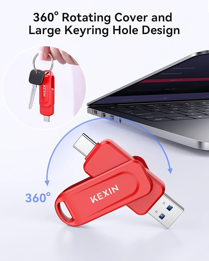 KEXIN Dual 64GB Flash Drive 3.0 USB-A & Type-C Thumb Drive 100MB/s Swivel USB Drive 64GB Memory Stick for Smartphone Tablet iPhone 15/16 Car Game Console, Red