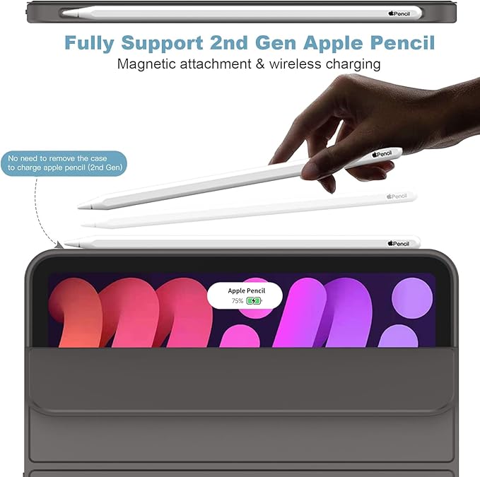iMieet iPad mini 7 Case 2024 (A17 Pro), iPad mini 6 Case (8.3-Inch,2021 Model), iPad mini 7th/6th Generation Case with Pencil Holder, Trifold Stand Smart Case with Soft TPU Back,Space Gray