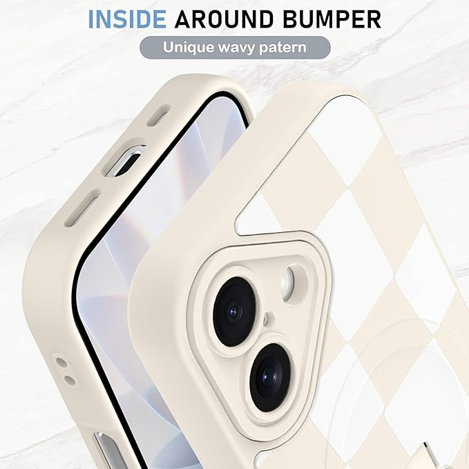 KANGHAR Compatible with iPhone 17 Case, Support for MagSafe, Silicone Checkered Cute Pattern, Wristband Kickstand Camera Protection Soft Slim Cover for Girls Women -White