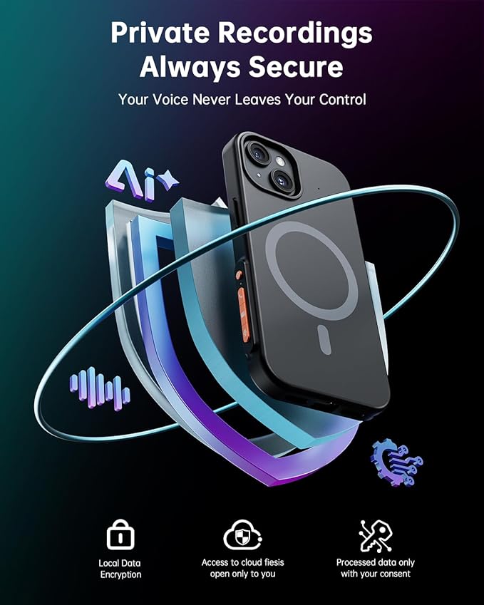 Yorlu AI Voice Recorder, AI Recorder Phone Case with Transcribe＆Summarize, AI Noise Cancellation, 80+ Language Translation with APP, 32GB Magnetic Note Voice Recorder for Calls, Meetings