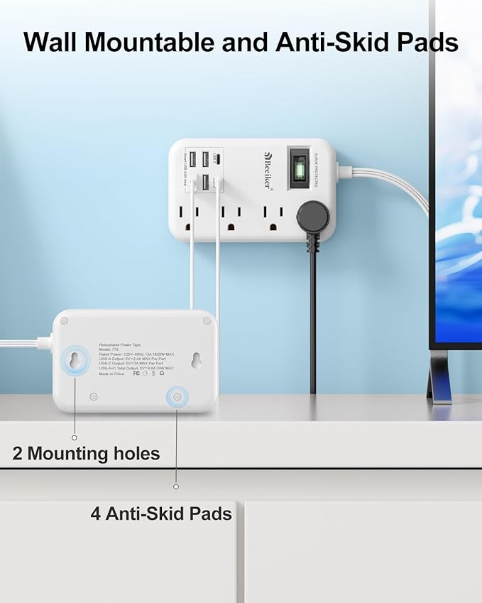 Beeiker 6 USB(2 USB C) Surge Protector Power Strip- 10 Ft Extension Cord with 24W USB Charging Station and 4 Outlets, Long Flat Extension Cord with Multiple Outlets for Travel Home Office Dorm White