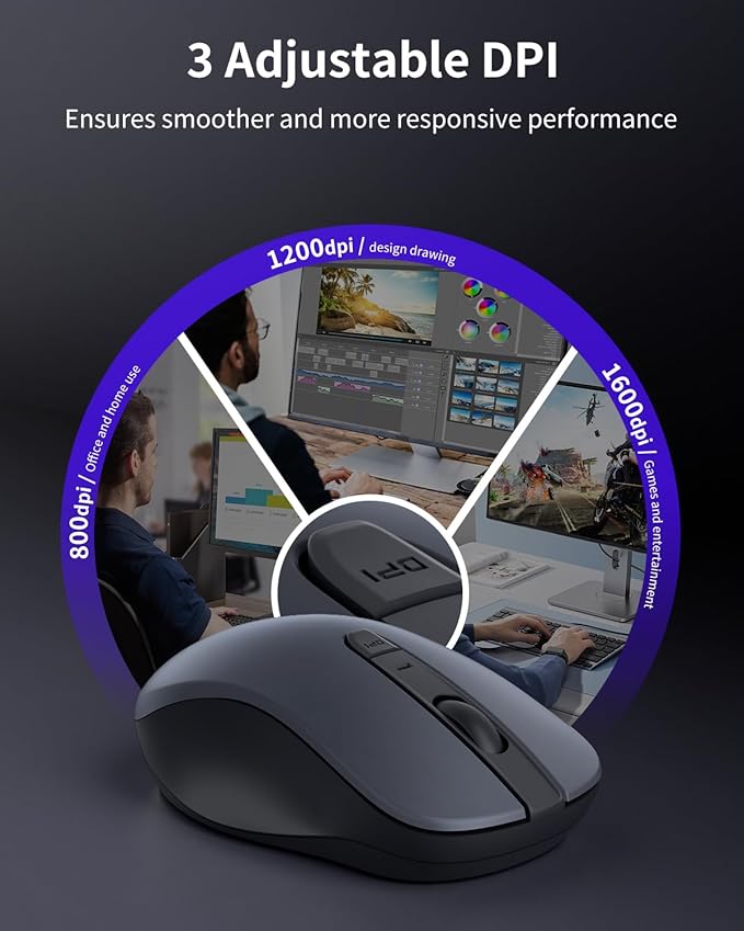 WL300 Bluetooth Mouse Silent Wireless Mice, Quiet Click, Cordless Computer Mouse with 6 Buttons, Sculpted Grip, Adjustable DPI for Laptop, PC, Mac, 18-Month Battery Life for Work or Travel ( Grey)