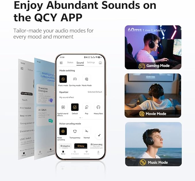 QCY H3S Wireless Over-Ear Headphones, Hybrid Active Noise Cancelling Headphones, Hi-Res Wireless, 102H Playtime, Fast Charging, Comfort Fit, Dual Connection, Bluetooth 6.0(Black)