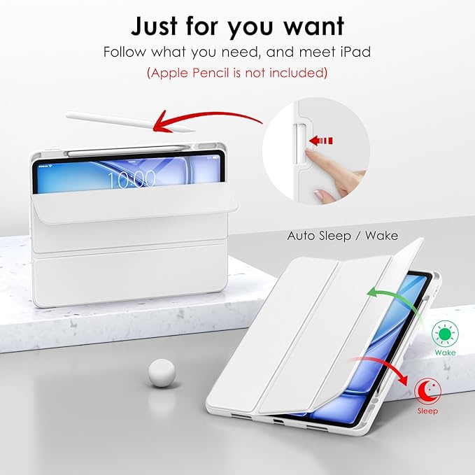 DTTO for iPad Air 13 Inch Case M4/M3/M2 2026/2025/2024, iPad Pro 12.9 Inch Case (6th/5th/4th/3rd Gen), Smart Slim Trifold Stand Soft Cover with Pencil Holder, White