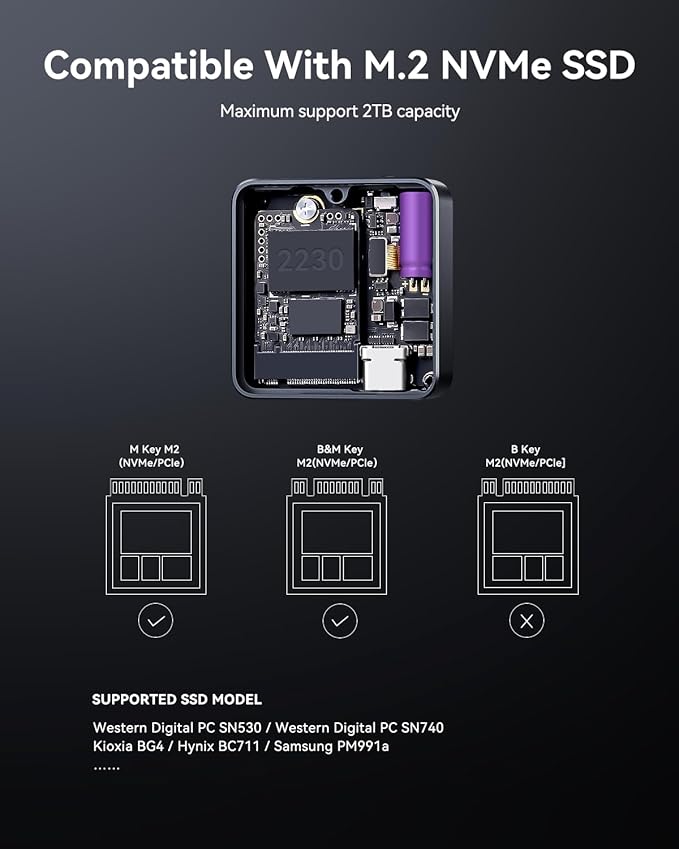 DOCKCASE Pocket M.2 2230 NVMe SSD Enclosure,Support 3s PLP Prevents Write Data Loss,USB 3.2 Gen 2 Type-C (10 Gbps), fits NVMe PCIe, Exclusive to Size 2230,Support M-Key B+M Key UASP (Black)