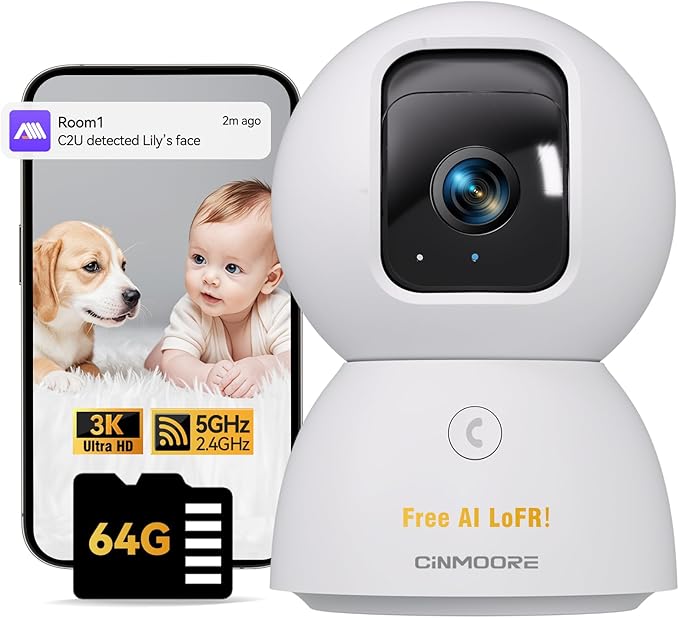 5G Indoor Camera, 3K Pet/Dog Camera with Phone App/Speaker, 64GB SD Card Included No Subscription, PTZ WiFi Baby Monitor for Home Security, 0-Glow Night Vision, Free AI Detection