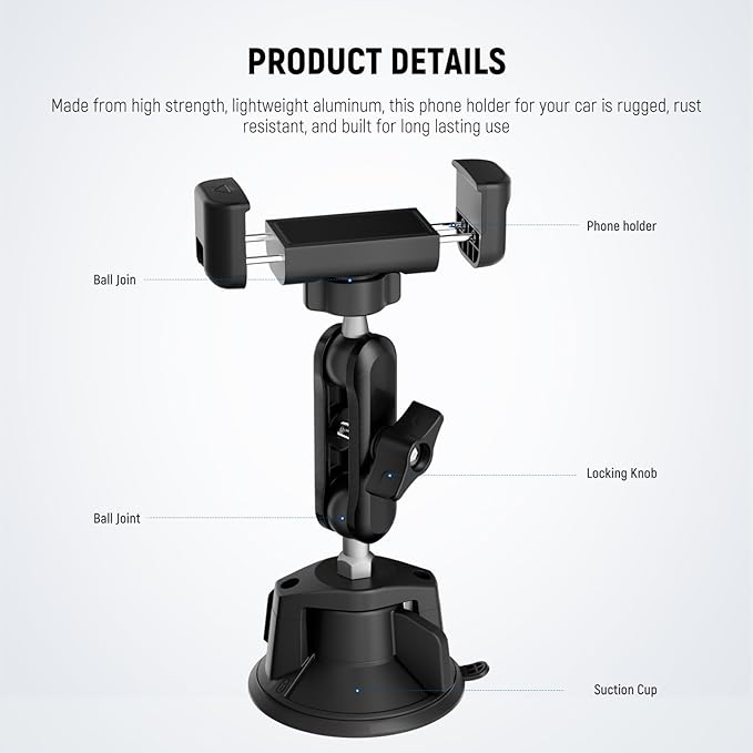NEEWER Phone Holder for Your Car, 360° Rotating Vacuum Suction Cup Metal Cell Phone Mount Magic Arm Compatible with iPhone Samsung for UTV Windshield Skylight Glass Navigation Video Recording, PA136