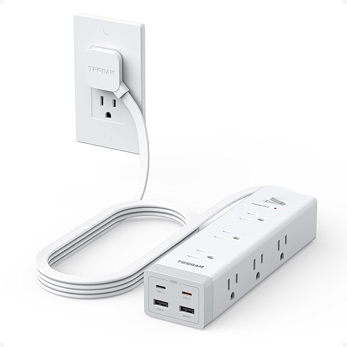 TESSAN Surge Protector Power Strip PD 20W, Ultra Thin Flat Plug 6 FT Extension Cord, 9 Outlets 4 USB(2 USB C), 1050J, 1875W 15A, Multiple Outlets Charging Station for Home, Office, College Dorm Room