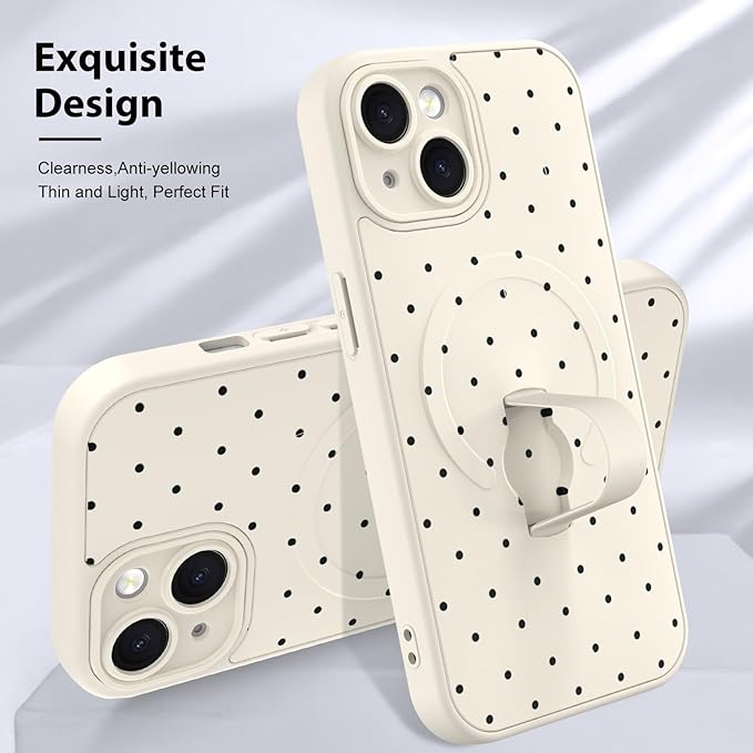 KANGHAR Compatible with iPhone 15 Case, Support for MagSafe, Silicone Spot Cute Pattern, Wristband Kickstand Camera Protection Soft Slim Cover for Girls Women -White