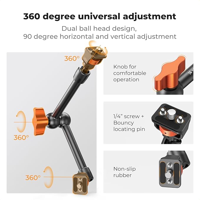 K&F CONCEPT 11" Magic Arm 1/4" Screw 360° Ball Heads Articulating Friction Camera Arm Mount for Monitor, LED Light, Webcam, Microphone, Camera Cage
