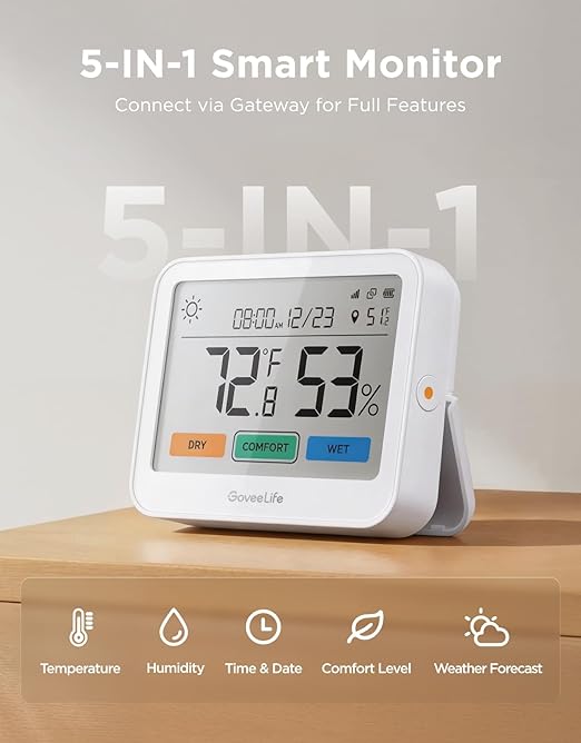 GoveeLife WiFi Thermometer Hygrometer, 5-in-1 Temperature and Humidity Monitor with Weather Station, Remote Sensor, Large LCD Display, Indoor Thermometer for Home Baby Room Greenhouse 3-Pack