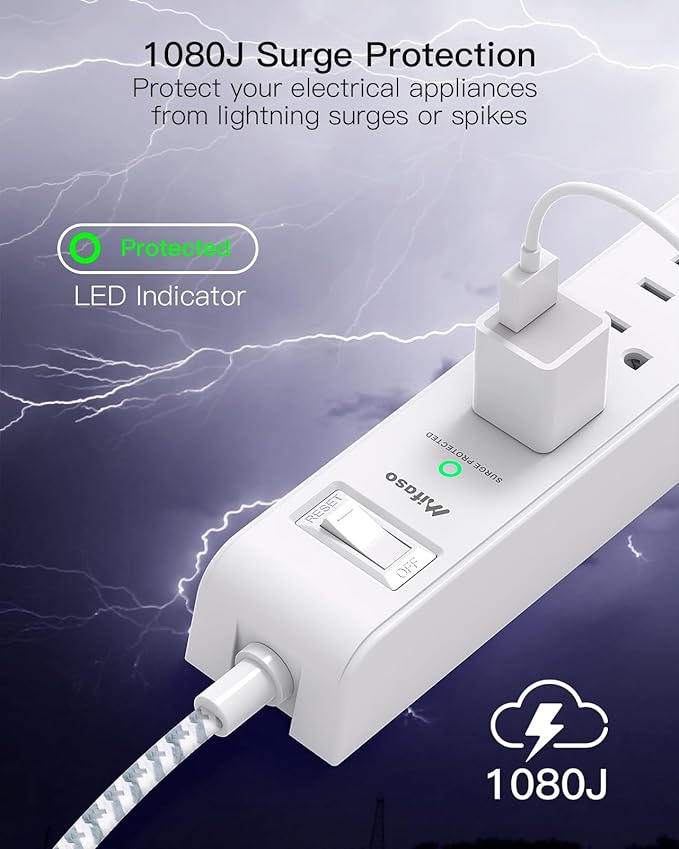 2 Pack Extension Cord 10ft Power Strip - Surge Protector with 6 Outlets 4 USB Charging Ports, Flat Plug, Overload Protection, Wall Mount for Home Office, Dorm Room Essentials