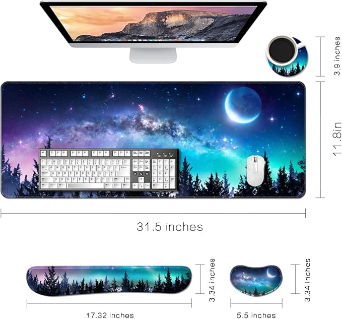MIBITRI Keyboard Mouse Pad Set, Extended Gaming Mouse Pad+Ergonomics Keyboard Wrist Rest Support, Memory Foam, Easy Typing Pain Relief, 3Pcs XXL Ultra Thick Desk Mat, Moon Forest