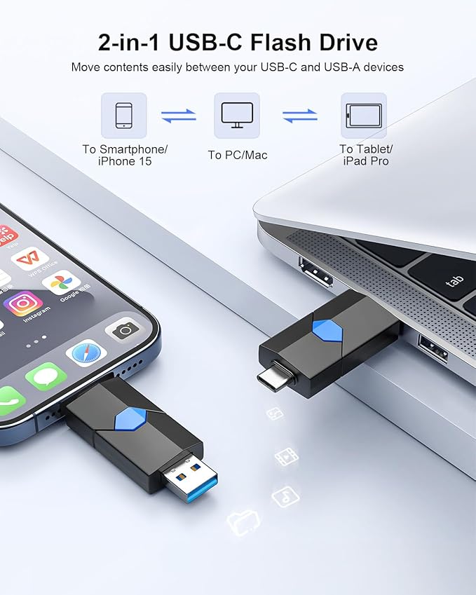 128GB USB Flash Drive JUANWE Type C & Type A Dual Port USB USB 3.1 Thumb Drive 150MB/s High Speed Transfer Memory Stick for Phone, Laptop, Tablet, Blue