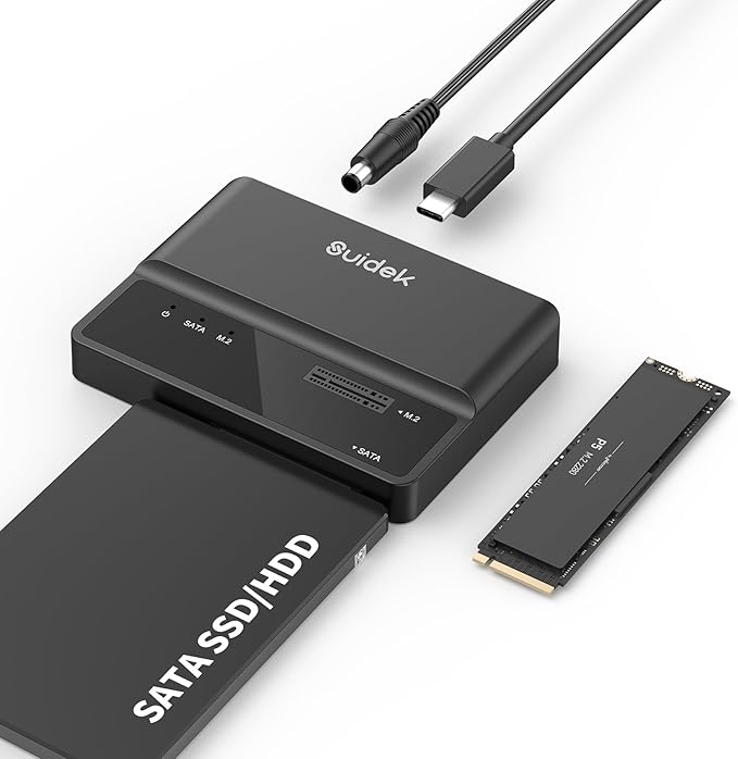 SUIDEK NVMe SSD Enclosure, 10Gbps USB to M.2 and SATA Adapter Tool Free PCIe NVMe External Hard Drive Reader Compatible with M.2(M Key&M+B Key) Any Sizes and 2.5"/3.5" SATA SSD/HDD