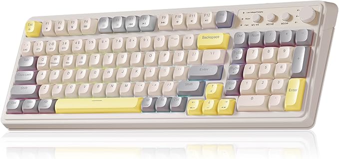 AULA S99 Gaming Keyboard, Ergonomic Computer Keyboards, Wireless Creamy Keyboard Full Size Cute Backlit Media Knob Programmable Tri-Mode Bluetooth/2.4GHz/USB-C Keyboard for PC Gamer - Grey & Yellow