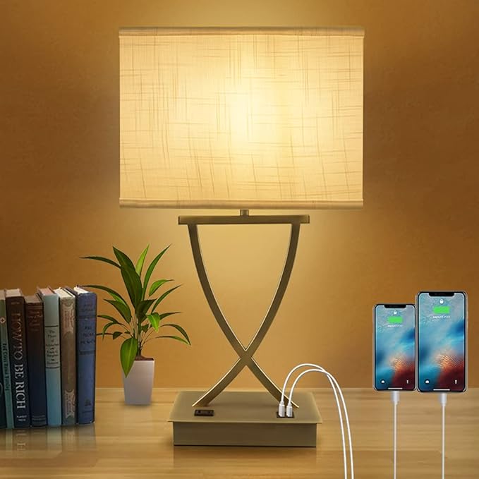 OYedis 3-Way Dimmable Touch Control Medium Table Lamp with Type C/USB Charging Port and 1 AC Outlet White Shade 21.38" Bedside Nightstand Lamp for Bedroom Living Room Office and Hotel Bulb Included