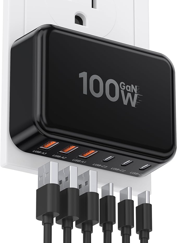Fast Charger Block, GaN 6 Port USB C Charging Station Hub Cube, 100W Multiport Type C Wall Charger Power Strip Plug with PD 3.0+QC for iPhone 13 14 15 16 17 Pro Max XR XS 8 7, Samsung, iPad, Table