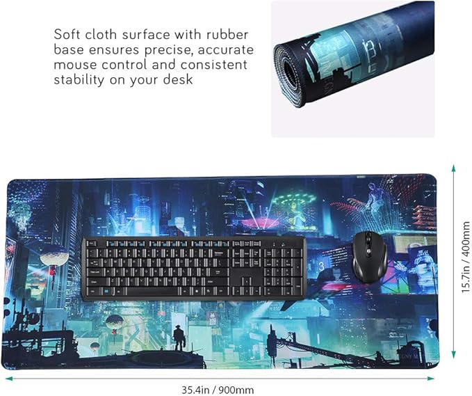 Extended Gaming Mouse Pad, Portable Mat for Keyboard & Mouse with Stitched Edges + Non-Slip Rubber Base （90x40 Green city005）