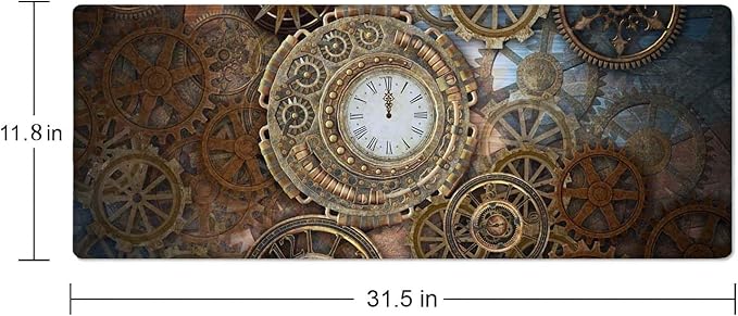 Gaming Mouse Pad, XL Extended Computer Keyboard Long Mouse Mat, Large Desk Pad for Office Laptop, Non-Slip Rubber Base with Stitched Edge Mousepad, 31.5X11.8 inch Rusty Steampunk with Clock