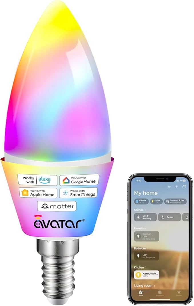 Matter E12 Smart Bulb, No Extra App Needed! RGBCW WiFi Bulb Compatible with Apple Home/Siri, Alexa & Google. Timer & Group Control, Perfect for Bedroom/Living Room Lamps, Candelabra Base